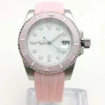 Diver-Style Watch - White Dial, Pink Bezel & Rubber Strap