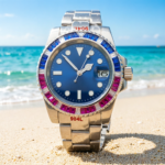 Azure Depths: Blue Dial & Bi-Color Crystal Bezel Watch - Image 10