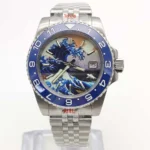 Men's Automatic Watch with "Great Wave" Art Dial & Blue Bezel