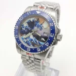 Men's Automatic Watch with "Great Wave" Art Dial & Blue Bezel - Image 3