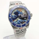 Men's Automatic Watch with "Great Wave" Art Dial & Blue Bezel - Image 4