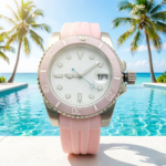 Diver-Style Watch - White Dial, Pink Bezel & Rubber Strap - Image 12