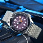 Men's Automatic Dive Watch with Purple Textured Dial and Stainless Steel Mesh Strap - Image 7