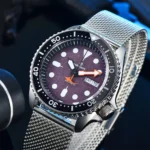 Men's Automatic Dive Watch with Purple Textured Dial and Stainless Steel Mesh Strap - Image 3