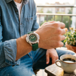 Men's Green Dial Diver-Style Watch with Textured Rubber Strap - Image 2