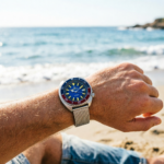 Men's Automatic Diver Watch with Blue Dial and Stainless Steel Mesh Band - Image 2