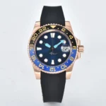 Men's Blue Dial GMT Watch with Two-Tone Bezel and Rose Gold-Tone Case