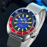Men's Automatic Diver Watch with Blue Dial and Stainless Steel Mesh Band - Image 3